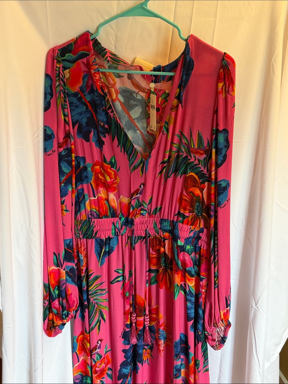 FARM Rio Pink Tropical Floral V-Neck Long Sleeve Dress
